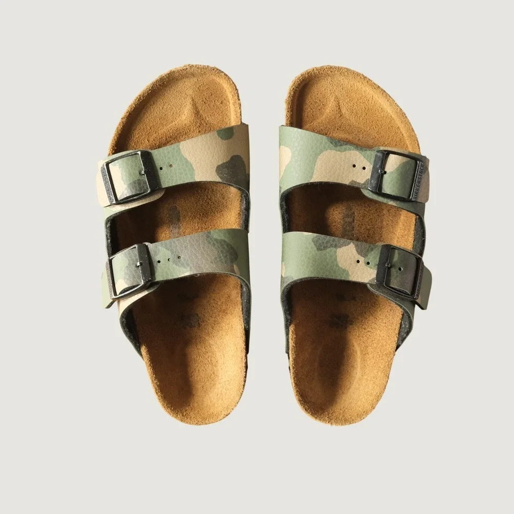Birkenstock Arizona Sandals Green Camo Birko-Flor Cork Slides Kids Size 32 EU 1